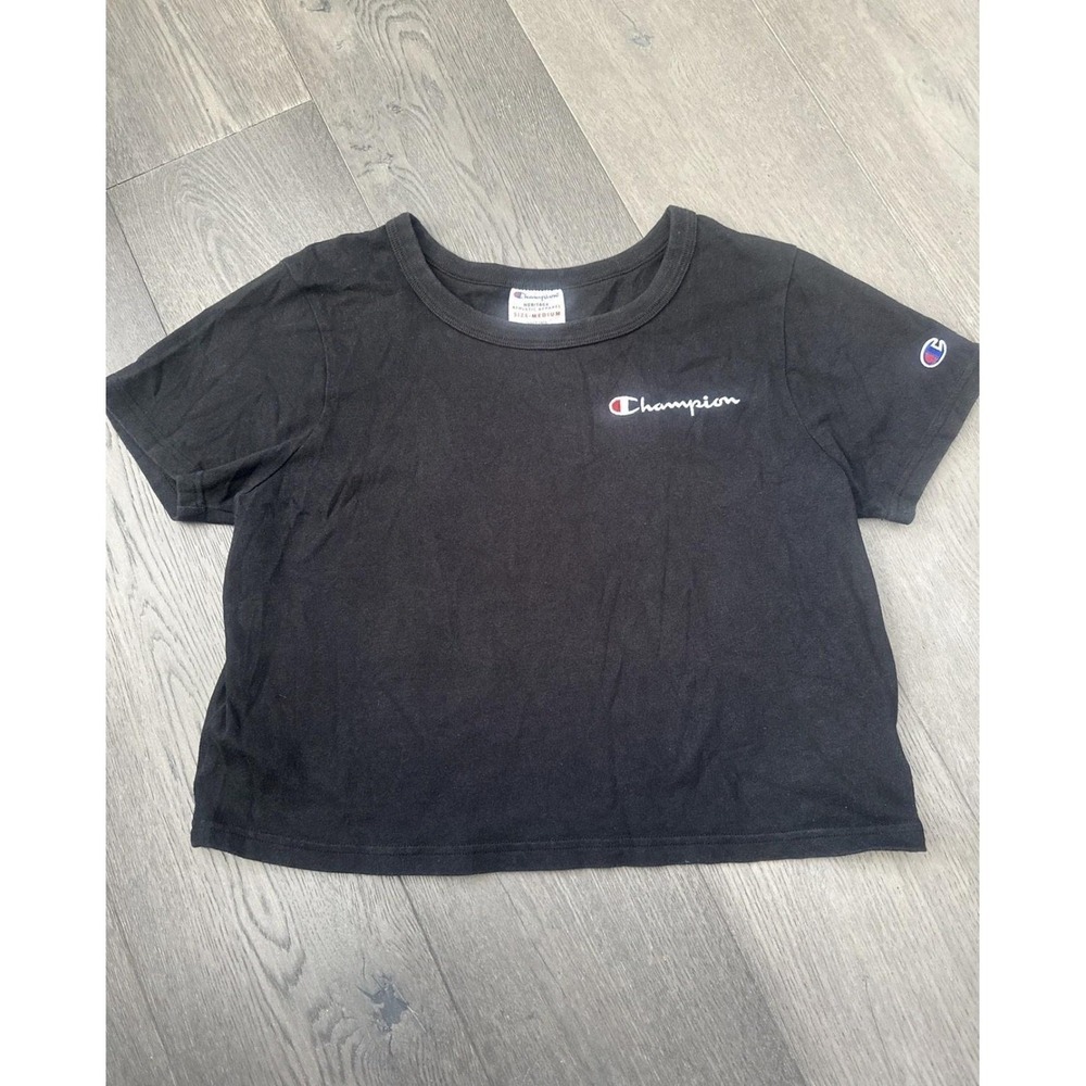 Champion Shirt Womens Medium Black Cropped Embroidered Logo T-Shirt Tee